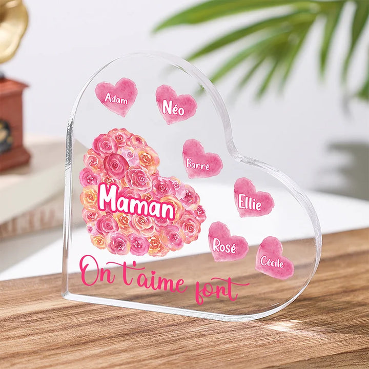 À ma Maman/Mamie - Plaque Acrylique en forme de Cœur Rose 1-10 Prénoms