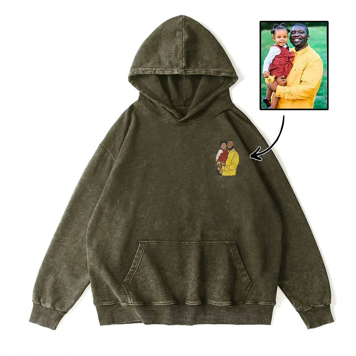 Sweat-shirt, sweat à capuche et T-shirt personnalisés et brodés avec portrait de papa — Effet délavé