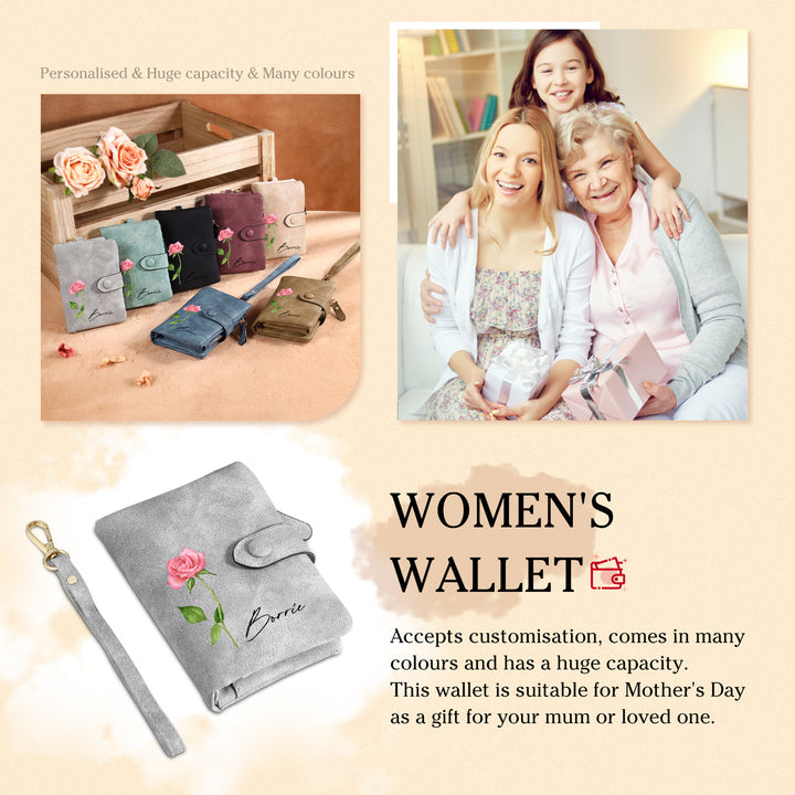 Portefeuille Fleur de naissance avec chaîne 1 Prénom Personnalisé Porte-Monnaie Carte pour Femmes