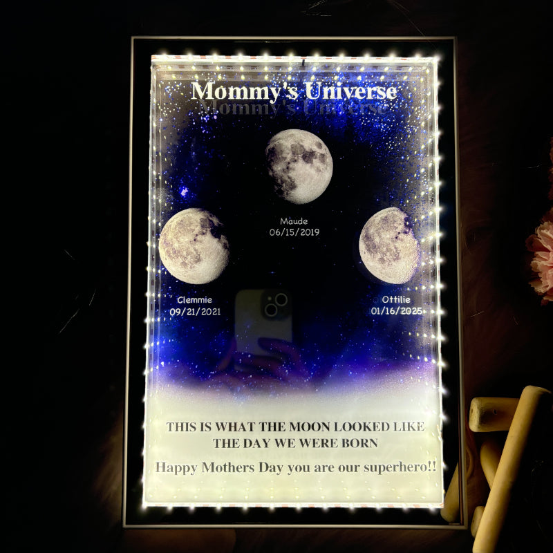 L'univers de maman/papa - Miroir lumineux personnalisé avec phases de lune étoilées