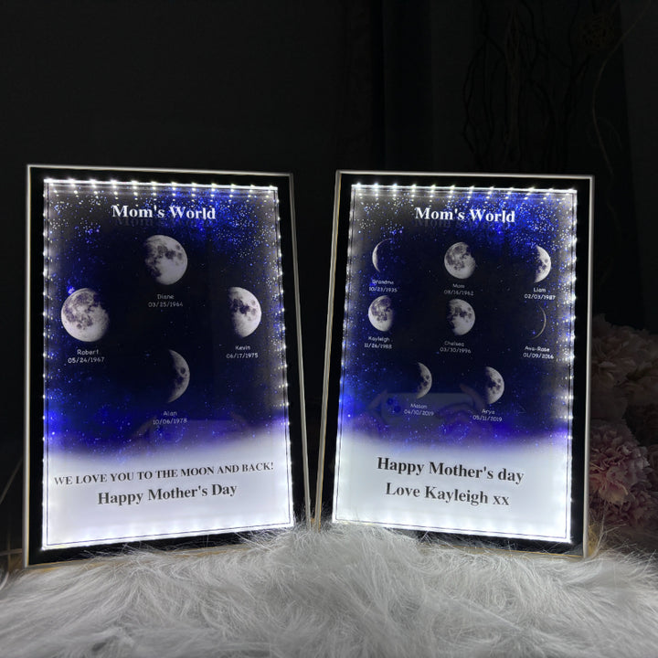 L'univers de maman/papa - Miroir lumineux personnalisé avec phases de lune étoilées