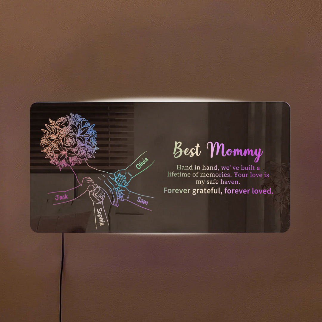 Miroir lumineux personnalisé avec empreintes de mains d'enfants — Cadeau pour la fête des Mères