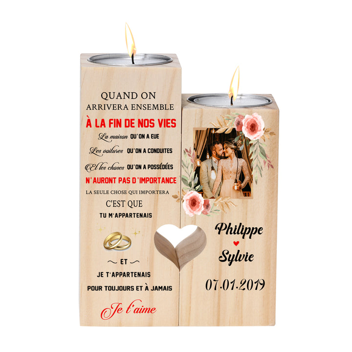 Bougeoir en Bois 2 Prénoms Personnalisé avec date et photo sans bougie