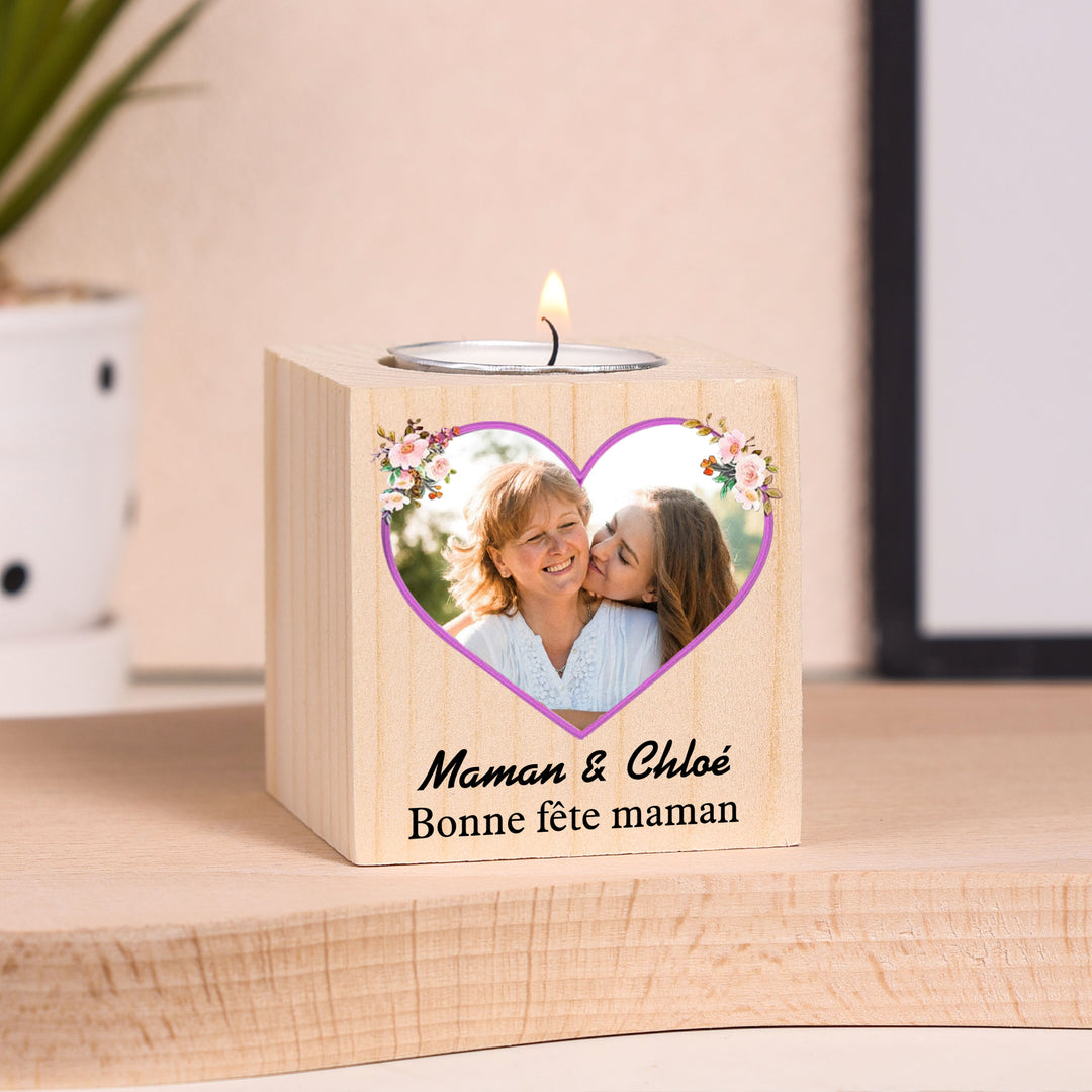 À ma Maman - Bougeoirs en Bois sans bougie 2 Textes Personnalisé avec photo