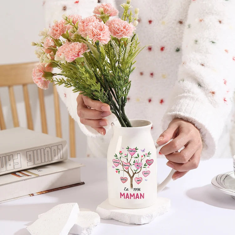 Vase à Fleurs Arbre 2-8 Prénoms Personnalisés avec Texte et Année
