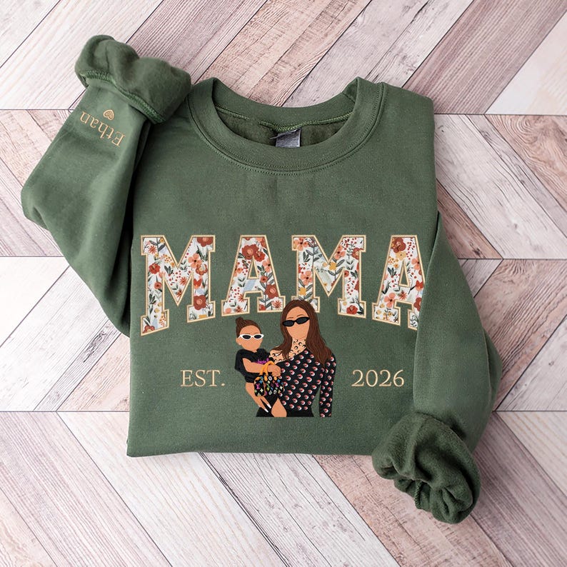 Sweat-shirt personnalisé brodé de motifs floraux avec portrait pour maman