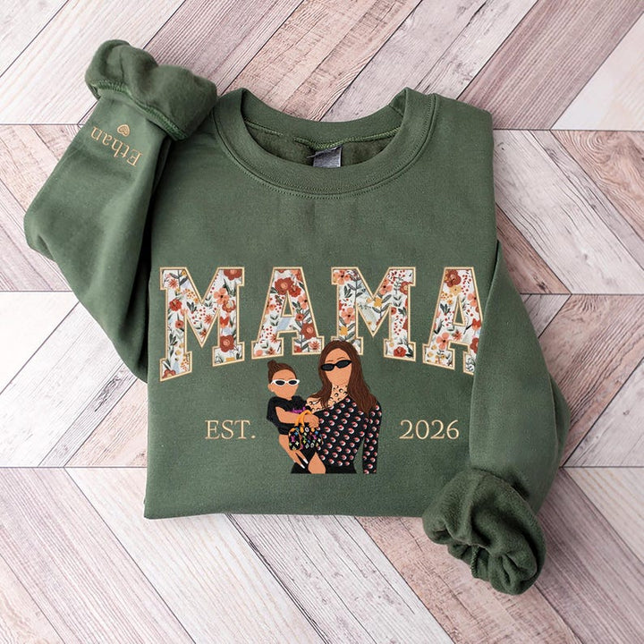Sweat-shirt personnalisé brodé de motifs floraux avec portrait pour maman