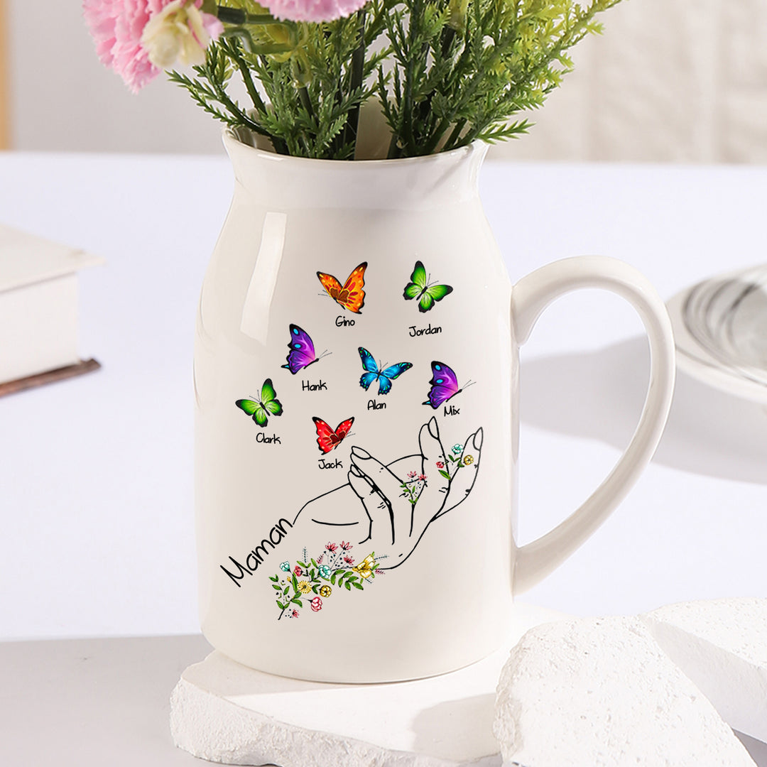 Vase à Fleurs Mains et Papillons 2-8 Prénoms Personnalisés avec Texte