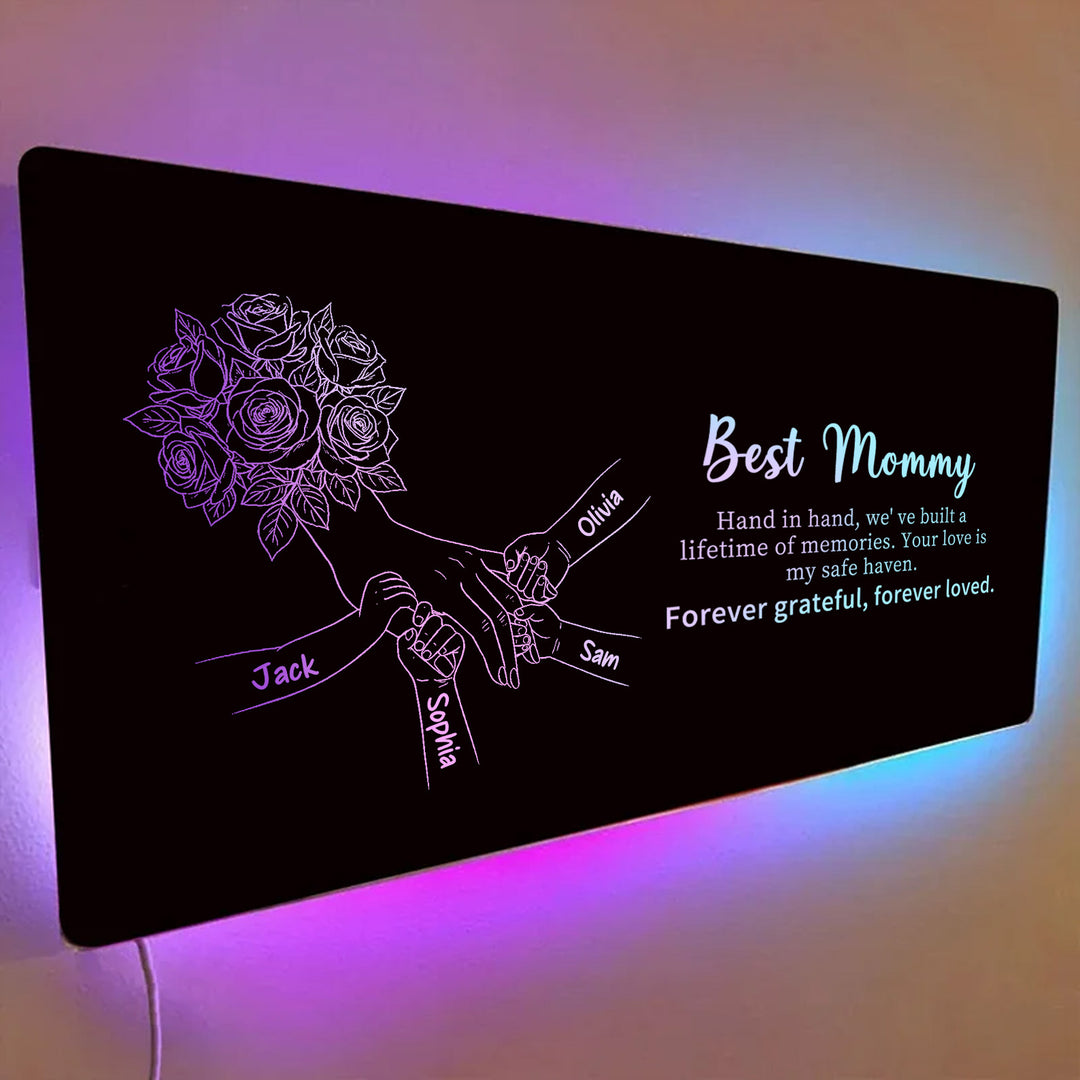 Miroir lumineux personnalisé avec empreintes de mains d'enfants — Cadeau pour la fête des Mères
