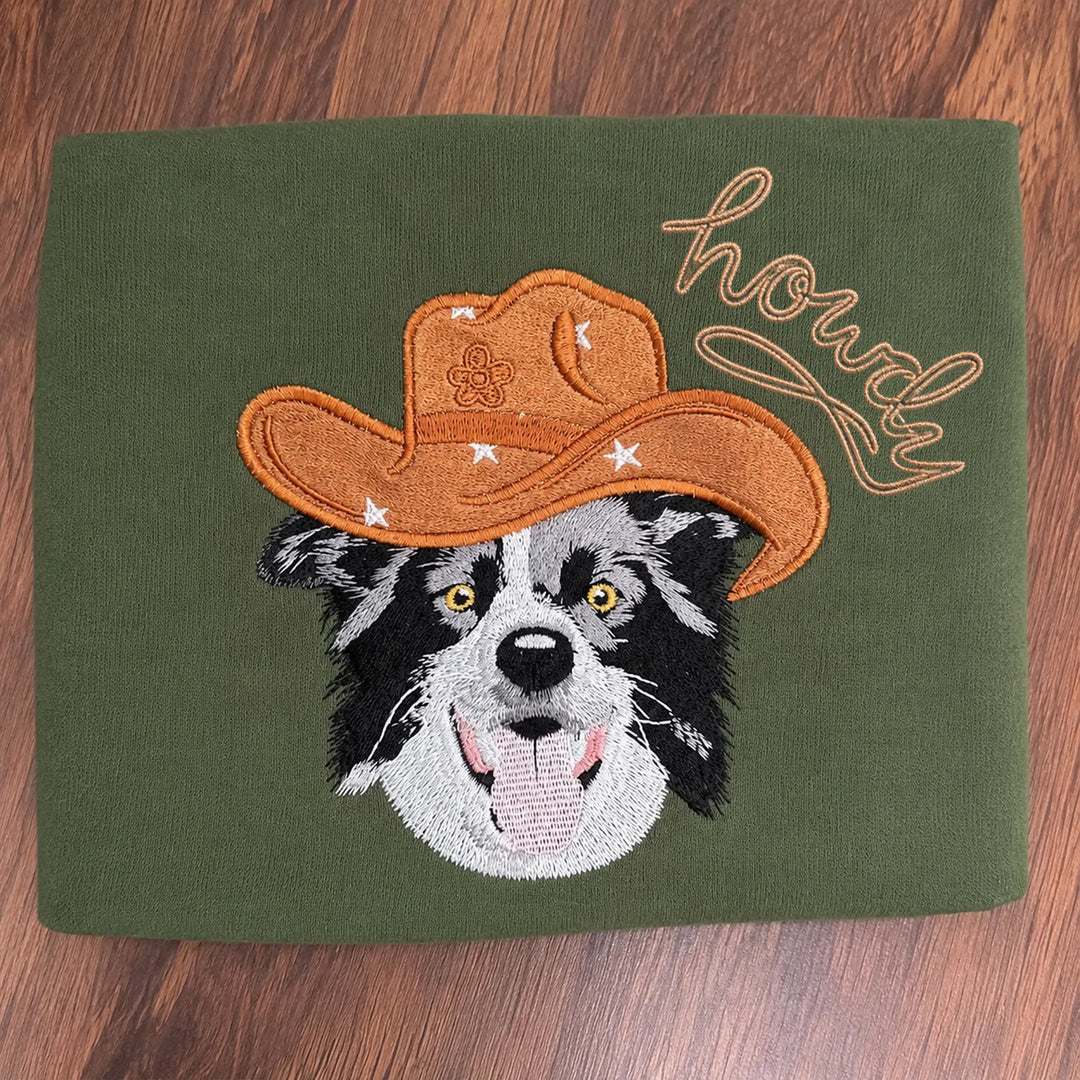 Sweat-shirt brodé avec portrait d'animal personnalisé, style cowboy western et options de chapeau en jean coloré