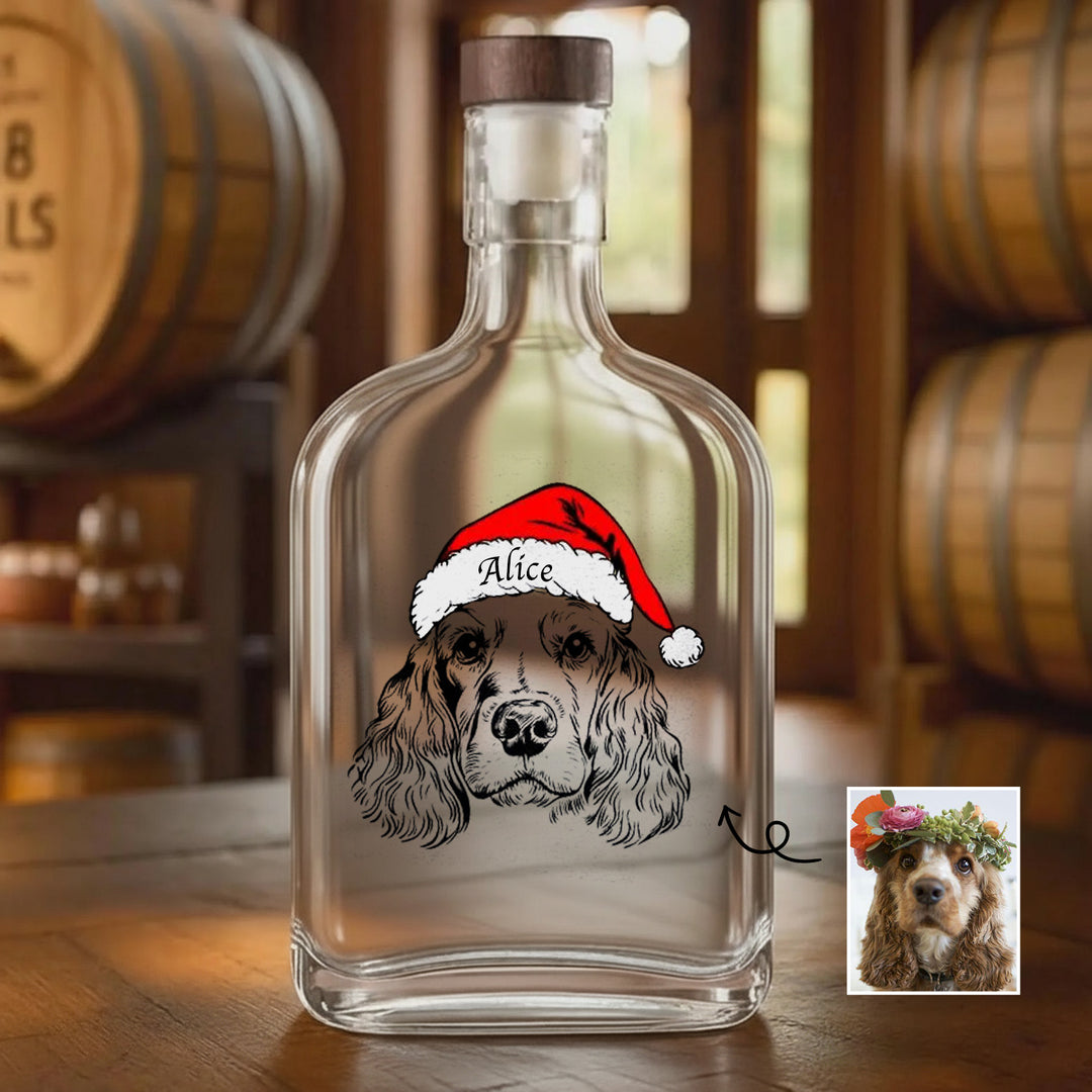 Bouteille de whisky de Noël personnalisée avec portrait d'animal de compagnie