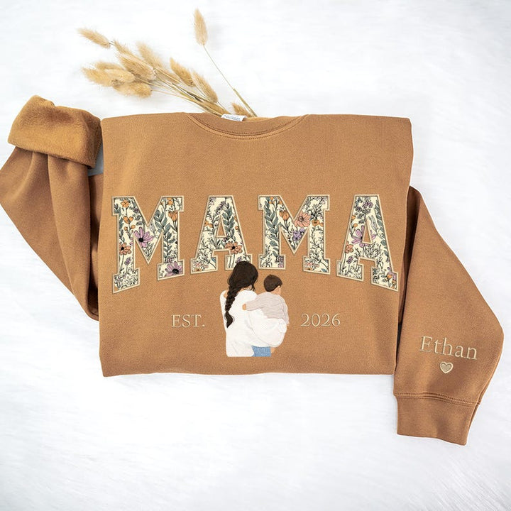 Sweat-shirt personnalisé brodé de motifs floraux avec portrait pour maman