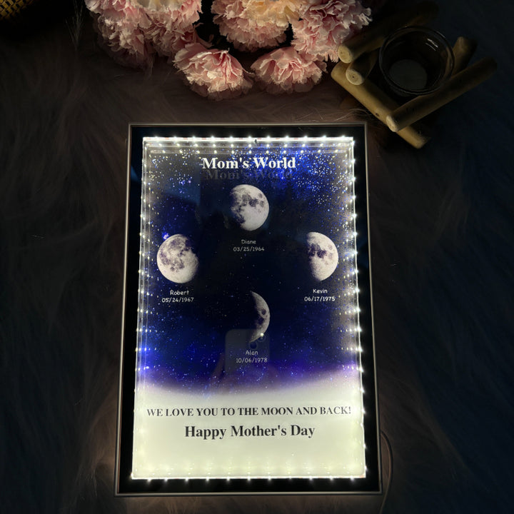 L'univers de maman/papa - Miroir lumineux personnalisé avec phases de lune étoilées