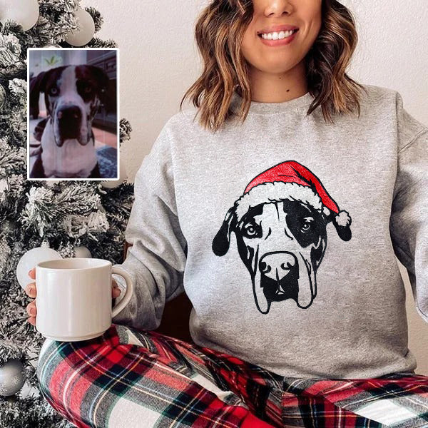 Sweat à capuche ou sweat-shirt brodé personnalisé avec le visage de votre animal de compagnie et un bonnet de Père Noël coloré, cadeau de Noël ou de deuil