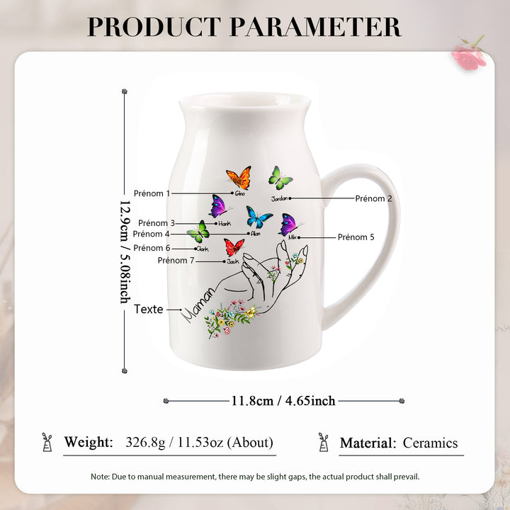 Vase à Fleurs Mains et Papillons 2-8 Prénoms Personnalisés avec Texte