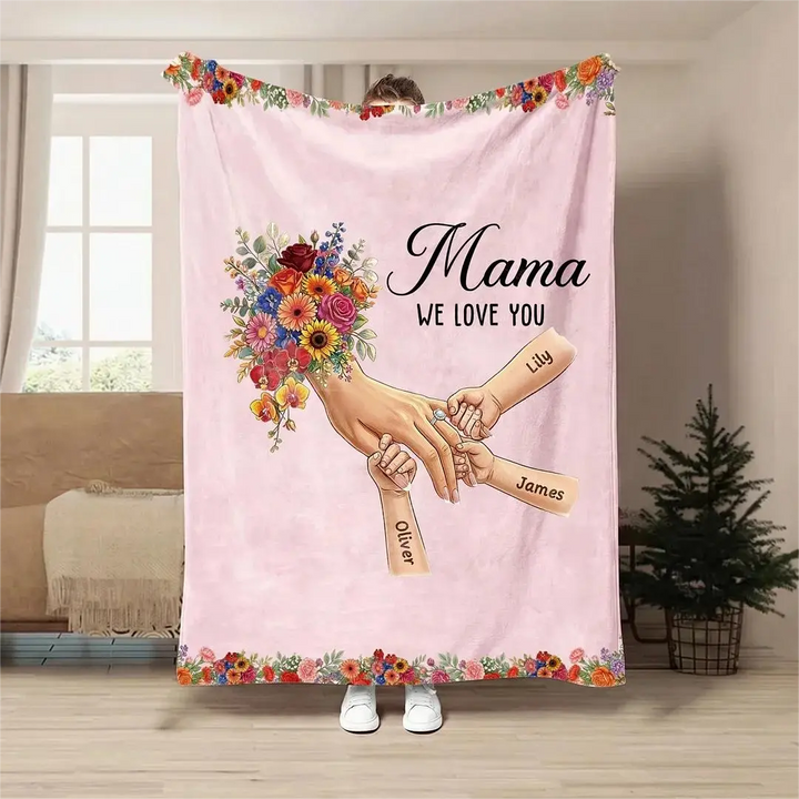 Plaid couverture personnalisée Maman mains entrelacées avec prénoms et fleurs