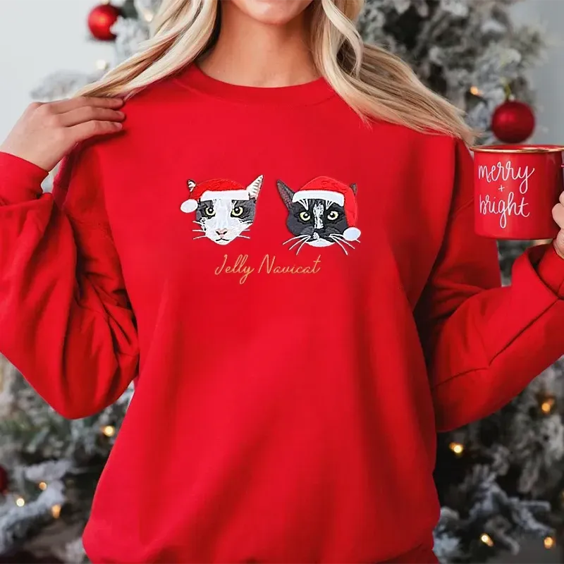 Sweat-shirt brodé en couleur avec portrait d'animal personnalisé (2025), avec chapeau de Noël en option