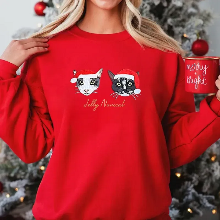 Sweat-shirt brodé en couleur avec portrait d'animal personnalisé (2025), avec chapeau de Noël en option