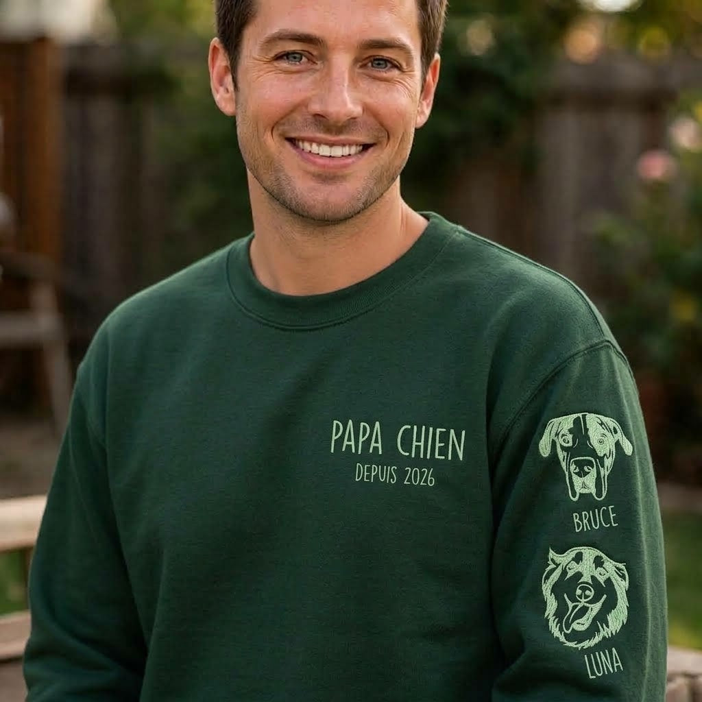 Sweat-shirt personnalisé pour maman de chien, portrait et prénoms de vos compagnons brodés sur les manches