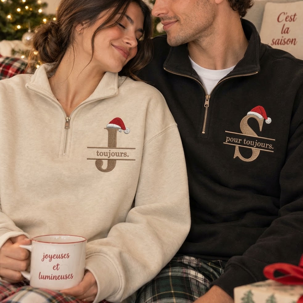 Sweats de Noël Couple 1/4 Zip Personnalisés, Initiales Brodées, Cadeau Romantique pour Lui et Elle