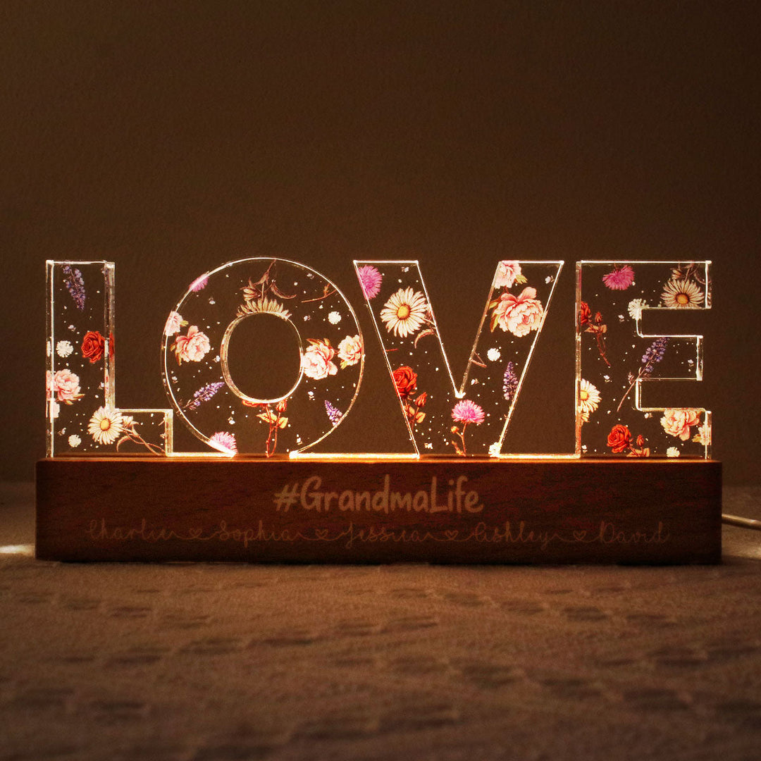 Lumière LED personnalisée avec fleur de naissance - Cadeau pour maman