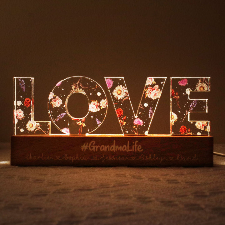 Lumière LED personnalisée avec fleur de naissance - Cadeau pour maman