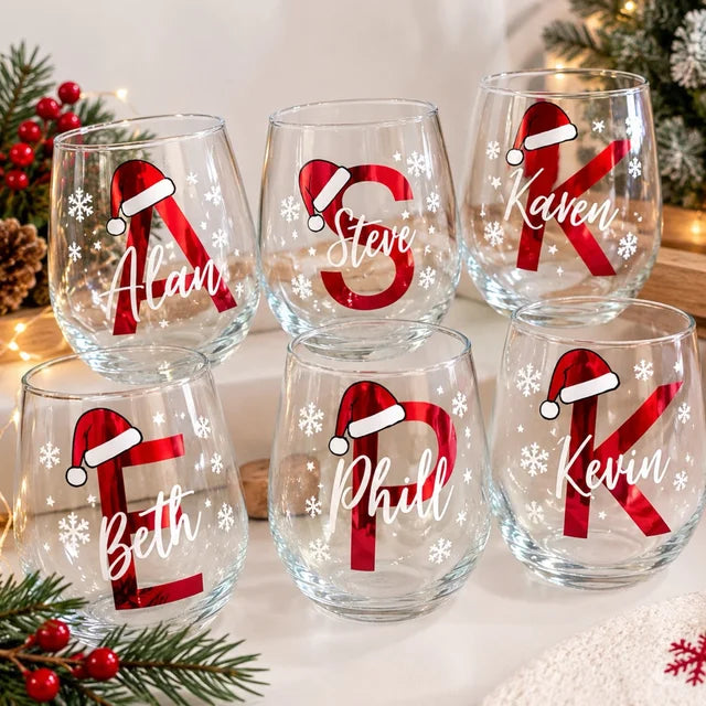 Verre à Vin Sans Pied Personnalisé Noël - Monogramme Lettre et Prénom avec Bonnet de Père Noël - Cadeau Fêtes de Fin d'Année