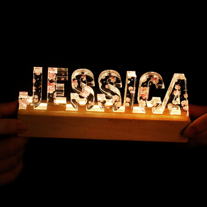Veilleuse LED personnalisée avec impression florale, nom personnalisé - Cadeau pour elle