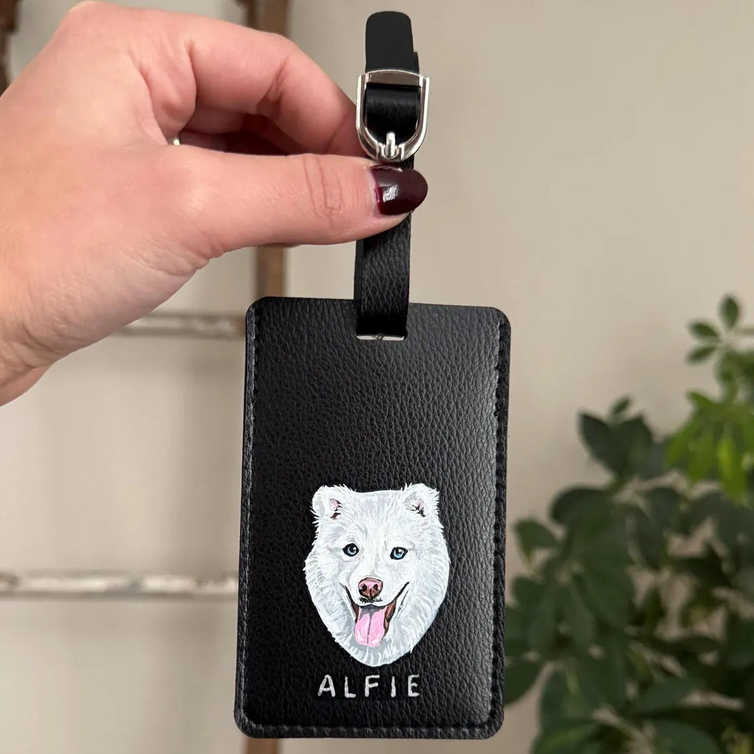 Étiquette de bagage en cuir personnalisée avec portrait de votre animal