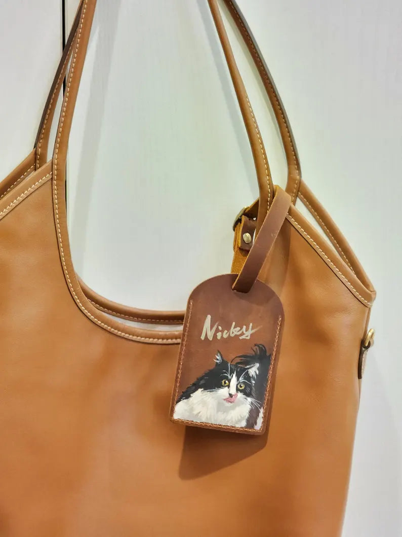Étiquette de bagage en cuir personnalisée avec portrait de votre animal,accessoire de voyage personnalisé