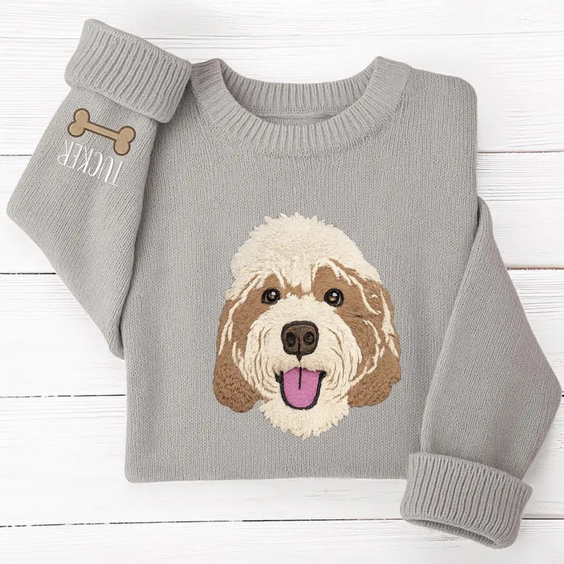 Pull tricoté personnalisé avec portrait de votre animal, prénom brodé, cadeau pour maman de chien et amoureux des animaux