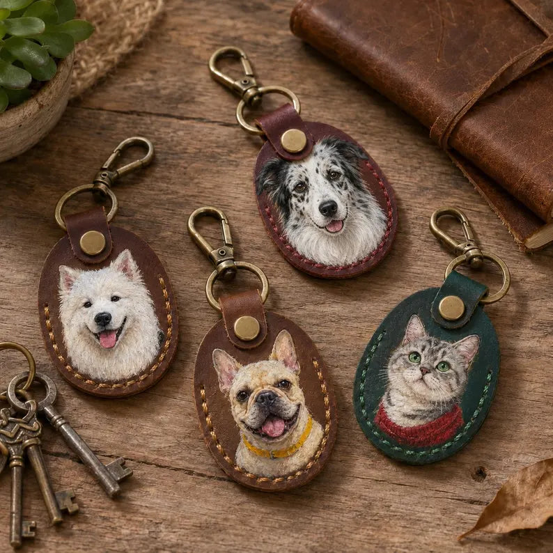 Porte-clés en cuir personnalisé avec portrait d’animal