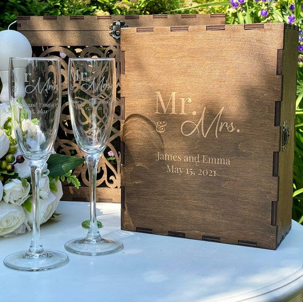 Flûtes à champagne personnalisées avec coffret cadeau en bois
