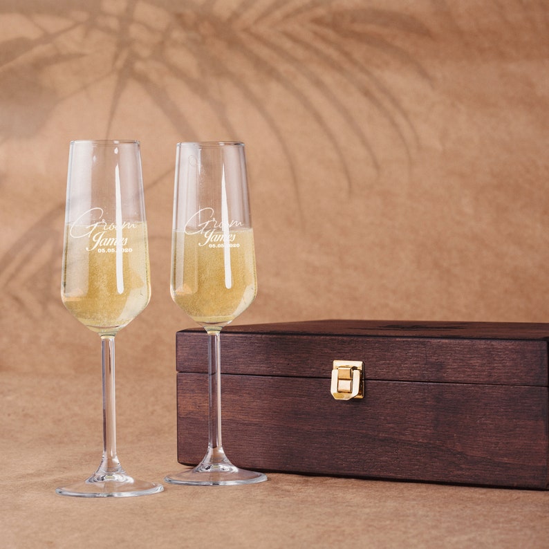 Flûtes à champagne de mariage personnalisées, flûtes à champagne en coffret bois