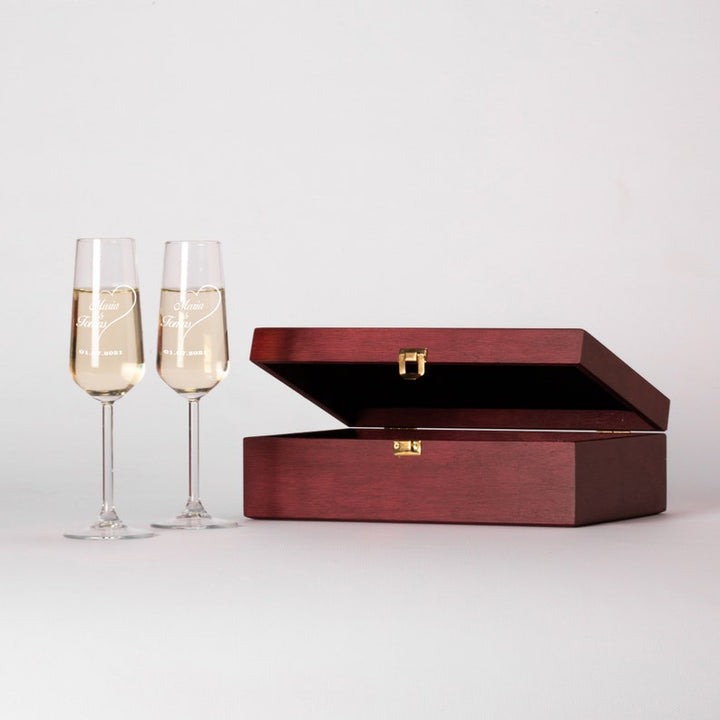 Flûtes à champagne de mariage personnalisées, flûtes à champagne en coffret bois