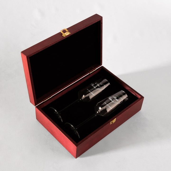 Flûtes à champagne de mariage personnalisées, flûtes à champagne en coffret bois