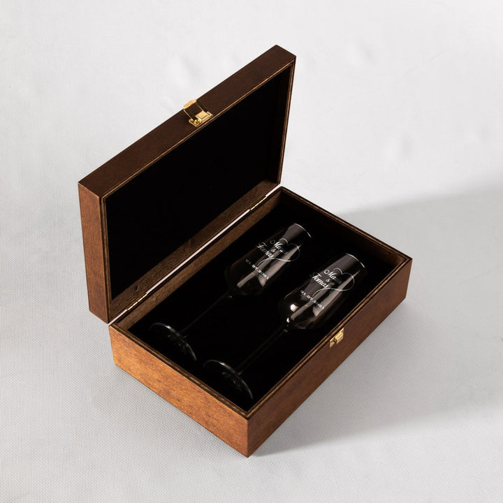 Flûtes à champagne de mariage personnalisées, flûtes à champagne en coffret bois