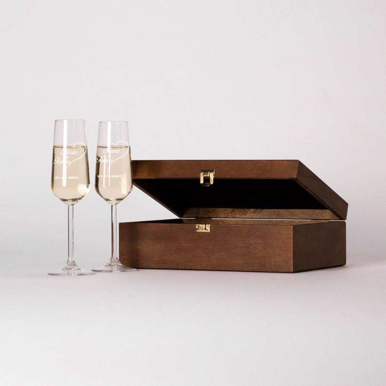 Flûtes à champagne de mariage personnalisées, flûtes à champagne en coffret bois