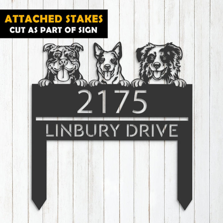 Plaque d'adresse en métal personnalisée avec chiens et chiots, numéro de maison, plaque d'adresse à suspendre, panneau de jardin, décoration extérieure, piquet de jardin