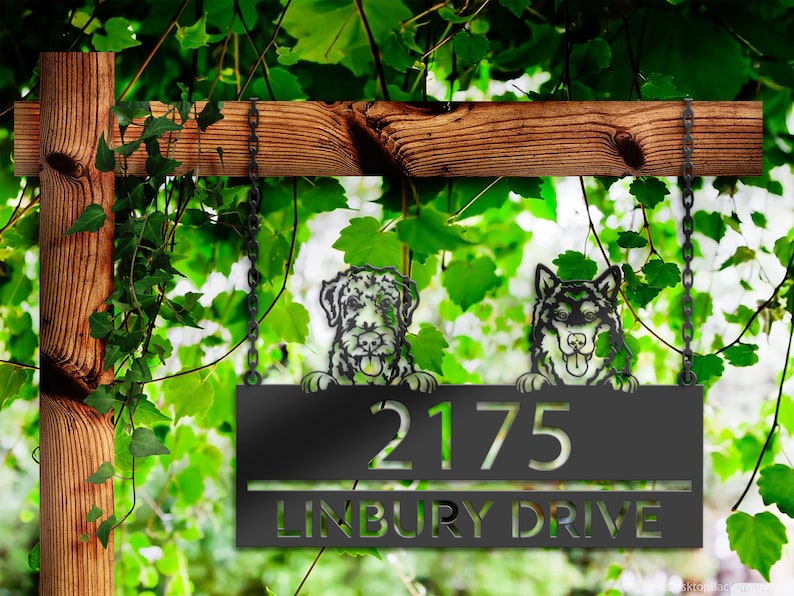 Plaque d'adresse en métal personnalisée avec chiens et chiots, numéro de maison, plaque d'adresse à suspendre, panneau de jardin, décoration extérieure, piquet de jardin