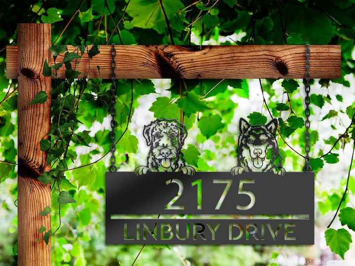 Plaque d'adresse en métal personnalisée avec chiens et chiots, numéro de maison, plaque d'adresse à suspendre, panneau de jardin, décoration extérieure, piquet de jardin