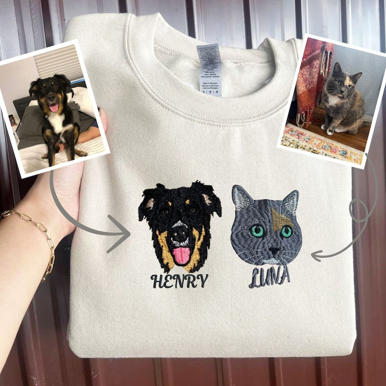 Sweatshirt / Tee portrait d’animal Broderie de couleur,chien/chat