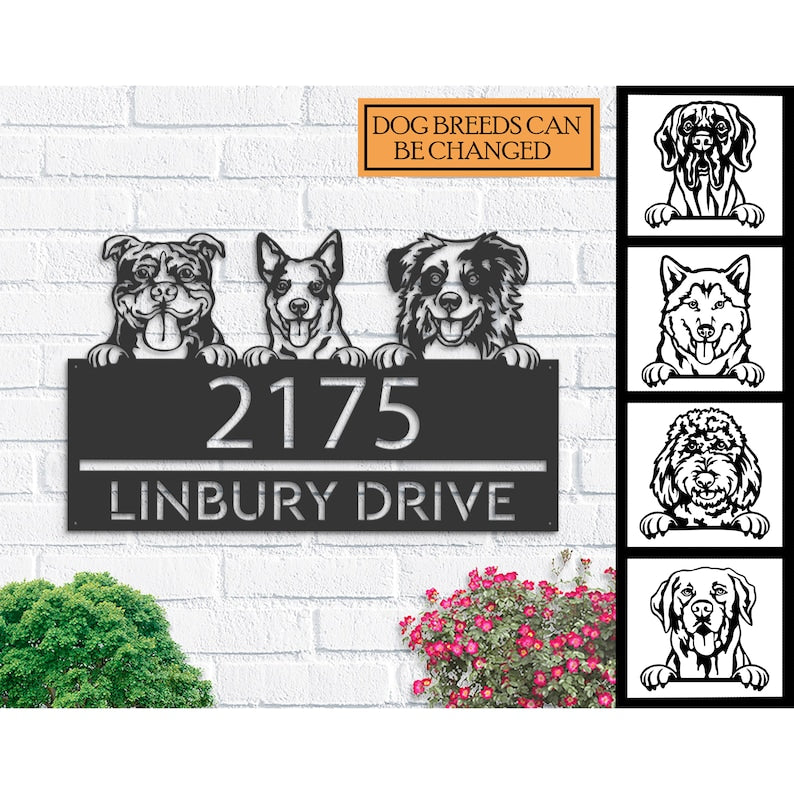 Plaque d'adresse en métal personnalisée avec chiens et chiots, numéro de maison, plaque d'adresse à suspendre, panneau de jardin, décoration extérieure, piquet de jardin