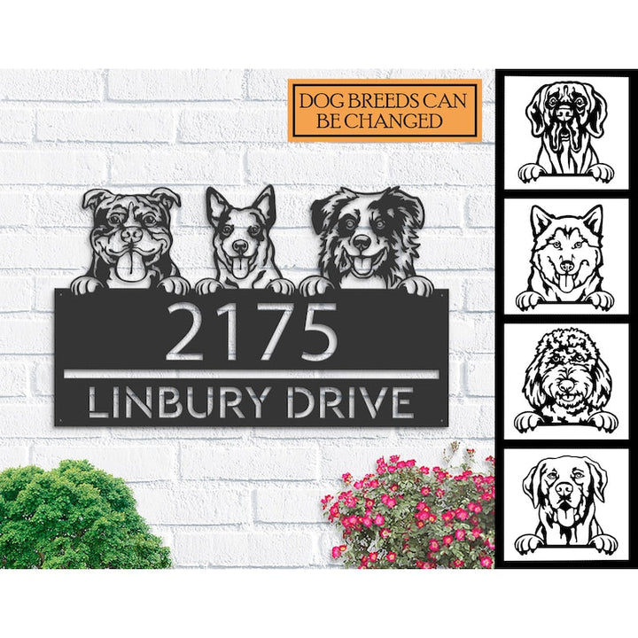 Plaque d'adresse en métal personnalisée avec chiens et chiots, numéro de maison, plaque d'adresse à suspendre, panneau de jardin, décoration extérieure, piquet de jardin
