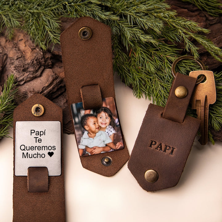 Porte-clés photo en cuir, porte-clés papa avec photo