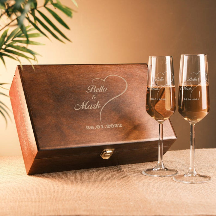 Flûtes à champagne de mariage personnalisées, flûtes à champagne en coffret bois