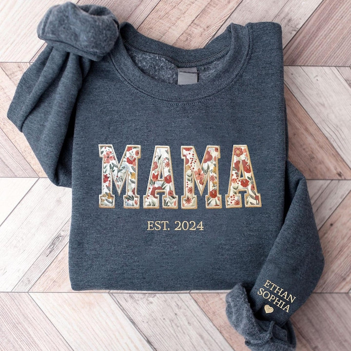 Sweat-shirt brodé personnalisé avec applique florale MAMA