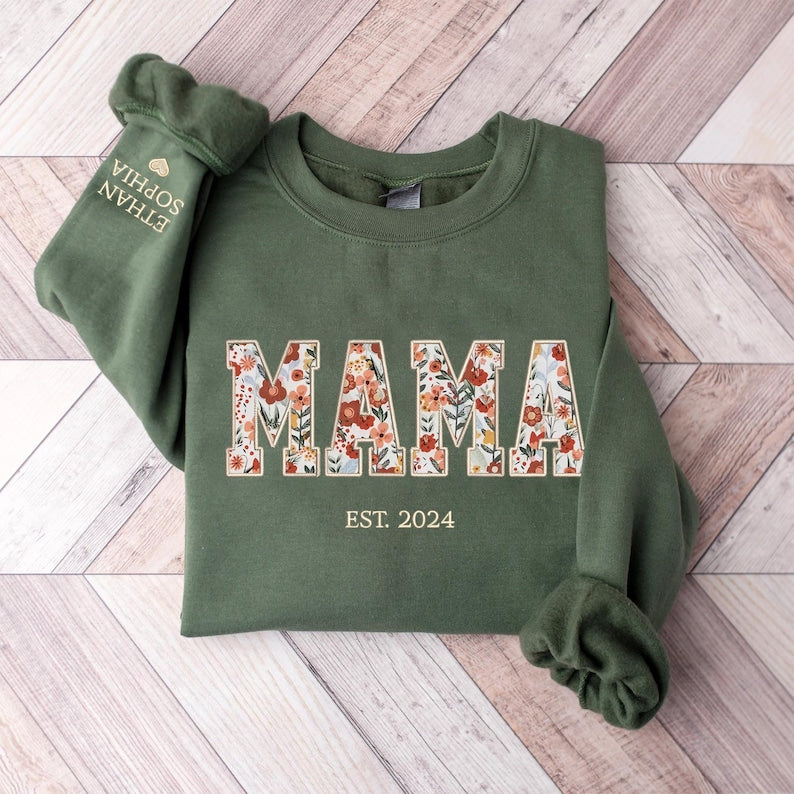 Sweat-shirt brodé personnalisé avec applique florale MAMA