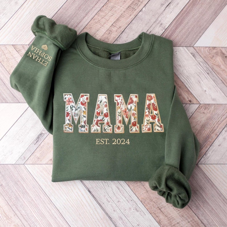 Sweat-shirt brodé personnalisé avec applique florale MAMA