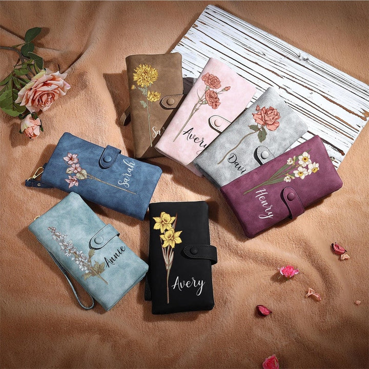 Portefeuille long en cuir personnalisé pour femme, porte-monnaie avec fleur et nom de naissance,  cadeau de fête des mères pour maman